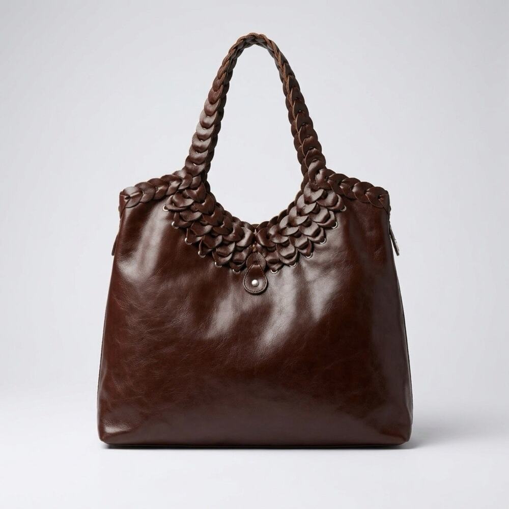 Y2K Unbranded Brown Soft Faux Leather Large Laptop Tote Bag Braided Handle 12x18